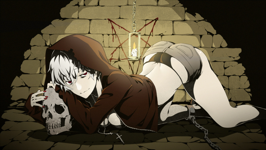 1girl arisawa_kuro ass black_panties breasts candle chain chained cleavage cross cross_necklace highres hoodie looking_at_viewer lying on_stomach original panties pentagram red_eyes short_hair short_shorts shorts silver_hair skull solo underwear witch