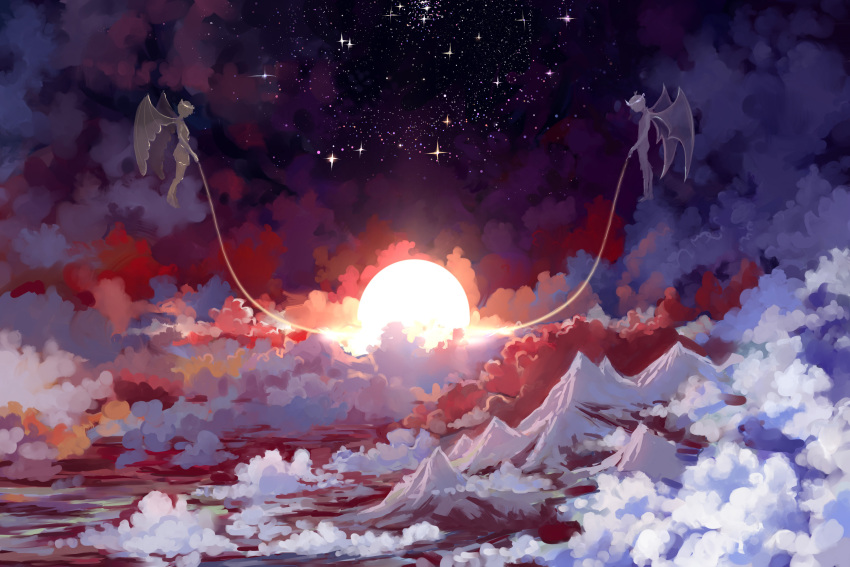 2boys above_clouds angel_wings clouds demon_wings hangmoon highres holding mountain multiple_boys silhouette sky star_(sky) starry_sky string sun wings