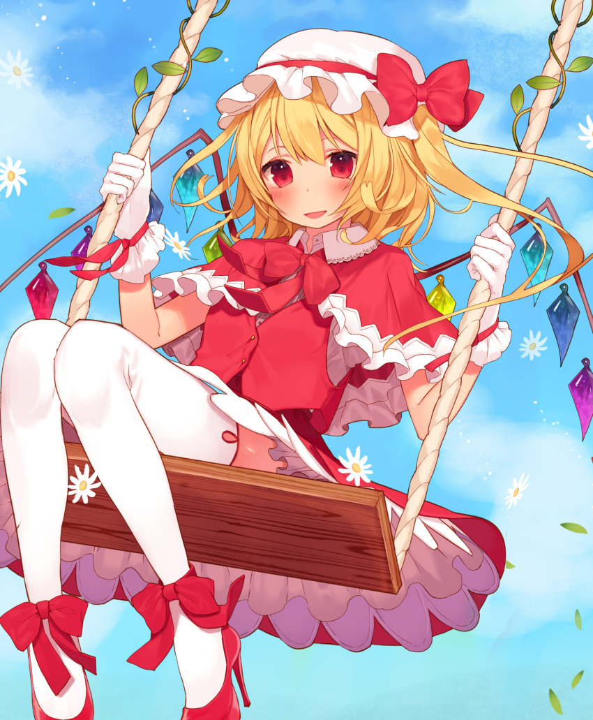 1girl blonde_hair blush bow capelet dress flandre_scarlet flower frills gloves hat hat_bow high_heels highres looking_at_another misoni_comi mob_cap red_dress red_eyes shoe_bow shoes side_ponytail solo swing thigh-highs third_eye touhou vines white_gloves white_legwear wings