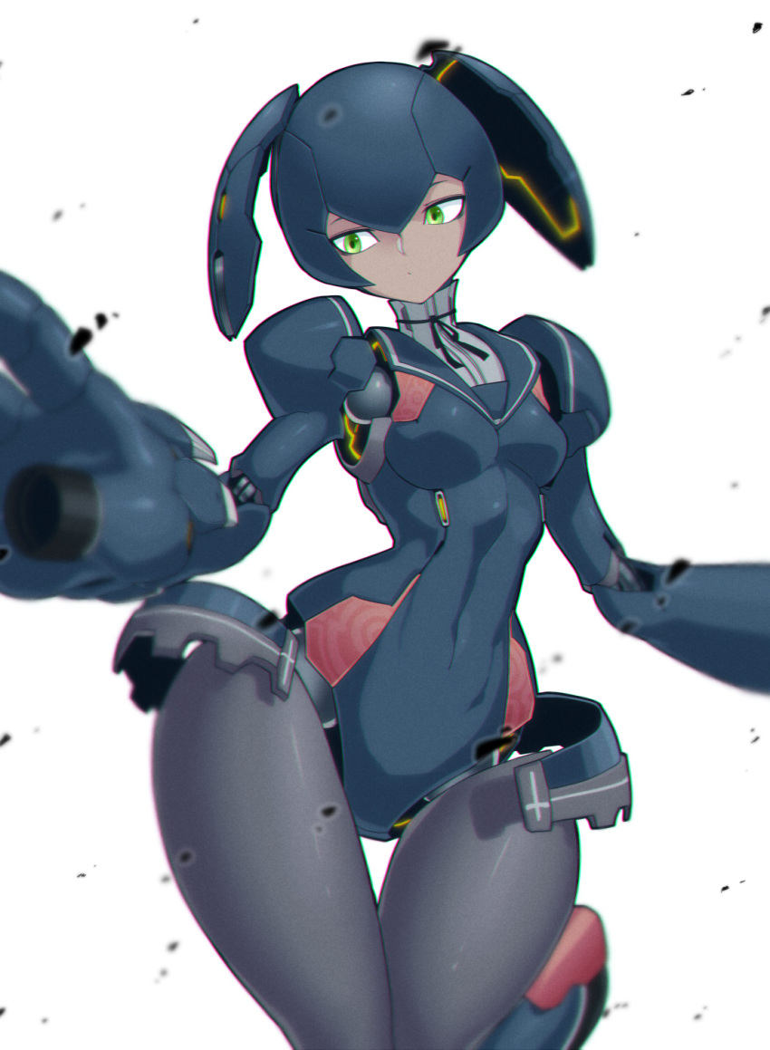 1girl arm_cannon character_request choker cowboy_shot dark_skin green_eyes highres pantyhose ribbon_choker robot_ears robot_girl robot_joints sailor_collar small_breasts solo space_jin thigh_gap weapon white_background wide_hips