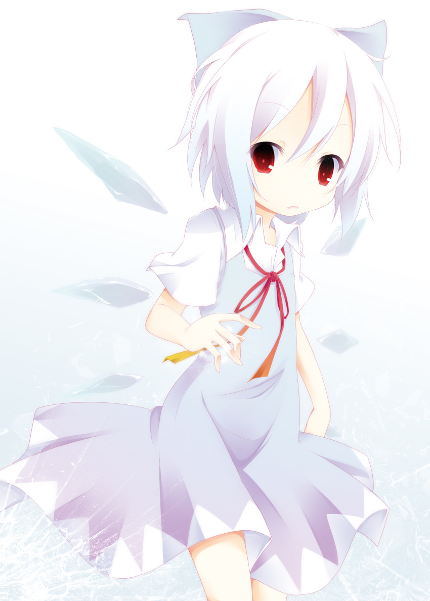 1girl absurdres albino alternate_color blush cirno collared_shirt d: dress highres ice ice_wings ichihina looking_at_viewer open_mouth red_eyes shirt solo touhou white_hair wings