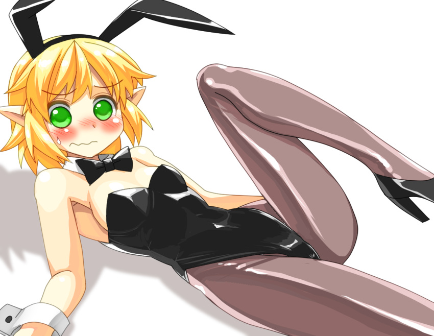 1girl animal_ears bare_arms bare_shoulders black_legwear blonde_hair blush bunny_girl bunnysuit detached_collar fake_animal_ears green_eyes leg_up leotard looking_at_viewer lying mizuhashi_parsee mono_(moiky) on_back pantyhose pointy_ears rabbit_ears solo touhou wavy_mouth wrist_cuffs