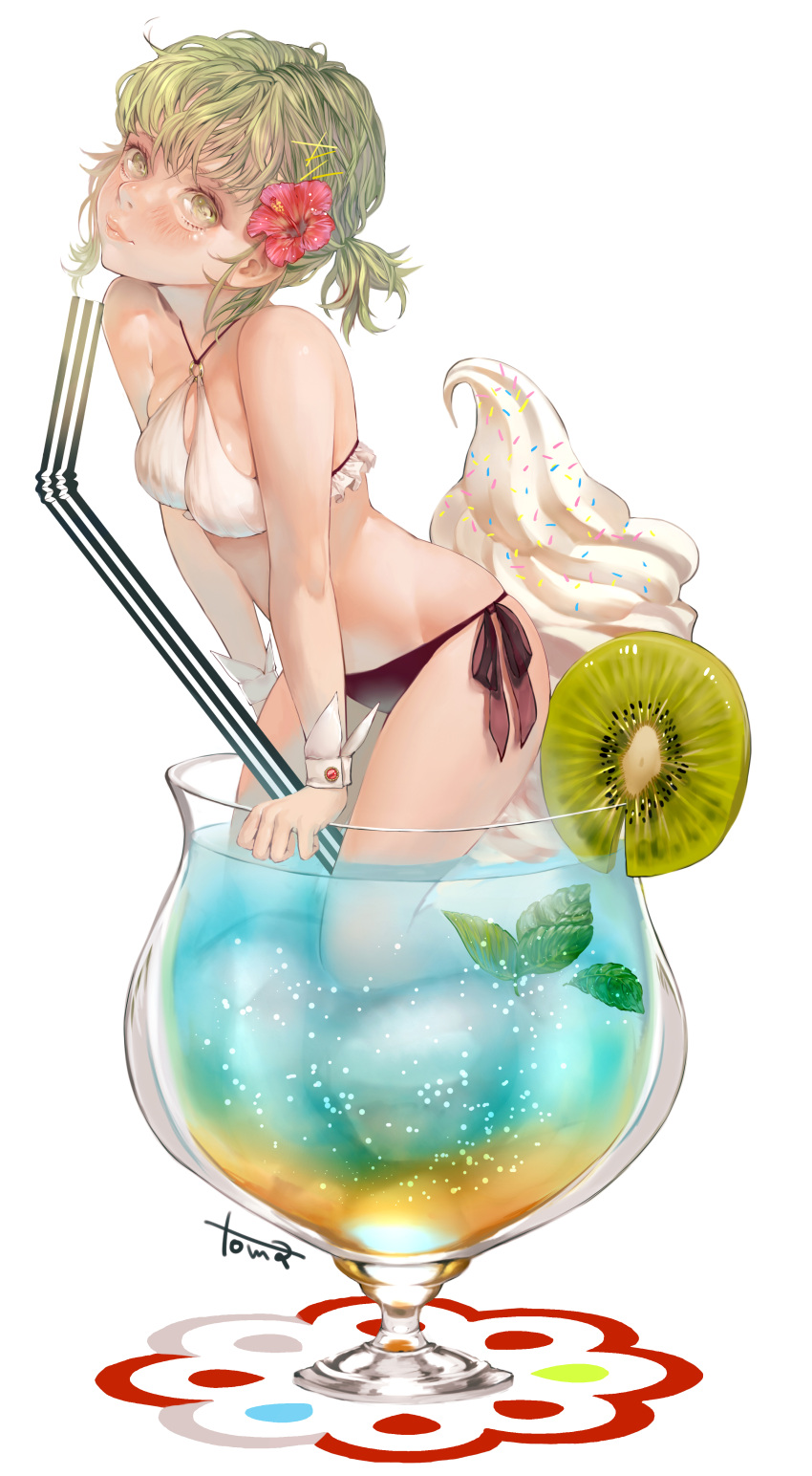1girl absurdres alternate_hairstyle bangs bikini blush breasts cup drink drinking_glass drinking_straw flower food frilled_bikini frills green_eyes green_hair groin gumi hair_flower hair_ornament hair_up hairclip head_tilt hibiscus highres ice_cream in_container in_cup kiwifruit kneeling leaf light_smile lips looking_at_viewer low_ponytail martini minigirl o-ring_top oversized_object partially_submerged ponytail short_ponytail side-tie_bikini signature skindentation soft_serve solo sprinkles swimsuit toma_(me666nm) vocaloid wrist_cuffs