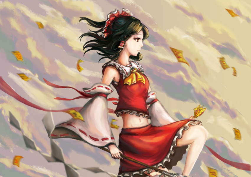 1girl absurdres arm_ribbon ascot black_hair blurry bow chen_feng_si clouds cloudy_sky depth_of_field detached_sleeves floating frilled_collar frilled_shirt frilled_skirt frills gohei hair_bow hair_tubes hakurei_reimu highres leg_up legs light_smile looking_afar midriff navel profile reflective_eyes ribbon ribbon-trimmed_collar ribbon-trimmed_sleeves ribbon_trim sarashi short_hair skirt sky sleeveless small_breasts solo sunlight sunset talismans touhou