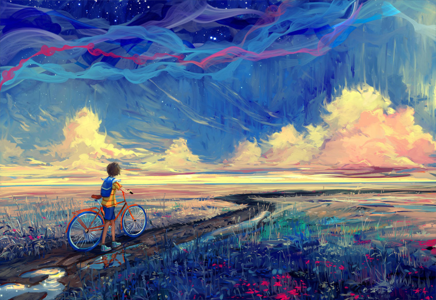 1boy bare_legs bicycle brown_hair clouds flower hangmoon highres horizon path puddle road shirt shoes short_hair short_sleeves shorts sky sneakers solo star_(sky) starry_sky striped striped_shirt walking