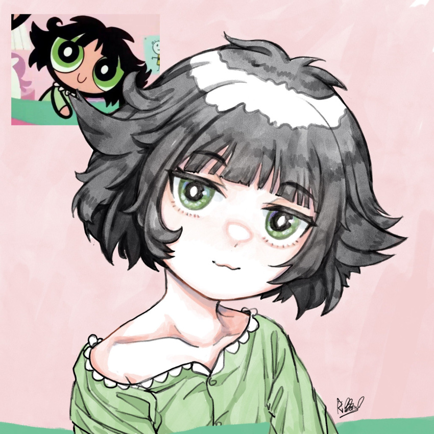 1girl bangs black_hair blunt_bangs buttercup_(ppg) buttercup_redraw_challenge collarbone derivative_work eyebrows_visible_through_hair green_eyes green_pajamas highres looking_at_viewer off_shoulder pink_background powerpuff_girls reference_inset ribbonnoneko screencap_redraw short_hair signature smile solo