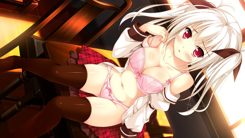 1girl artist_request black_legwear blush bow bow_bra bow_panties bra character_request copyright_request hair_ribbon highres long_hair long_sleeves navel off_shoulder official_art on_table panties pink_bra pink_panties plaid plaid_skirt red_eyes ribbon sitting skirt skirt_removed solo thighhighs twintails underwear white_hair