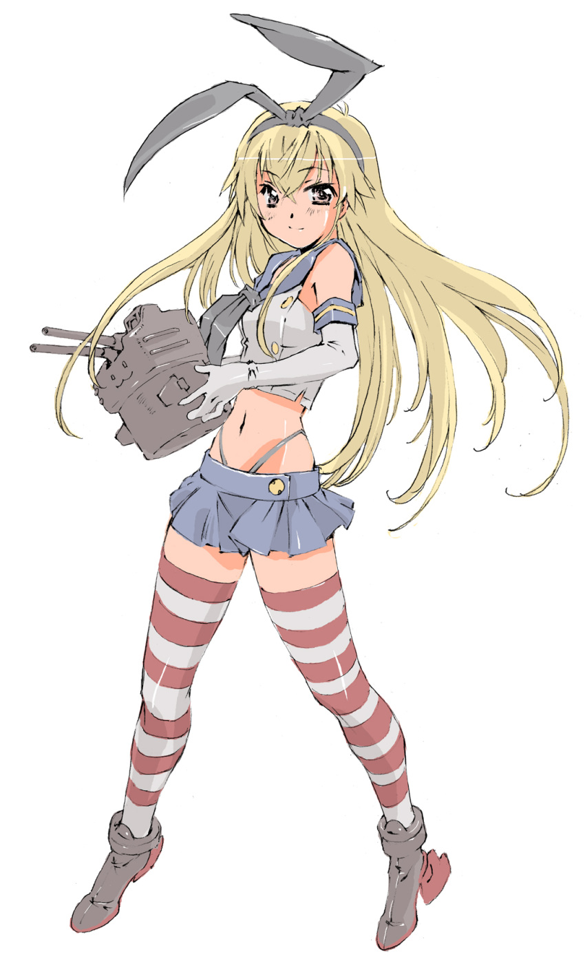 1girl black_panties blonde_hair blush elbow_gloves gloves hair_ornament hair_ribbon highleg highleg_panties highres kantai_collection long_hair looking_at_viewer miniskirt naonao77 panties rensouhou-chan ribbon shimakaze_(kantai_collection) simple_background skirt small_breasts smile solo thigh-highs underwear white_background white_gloves