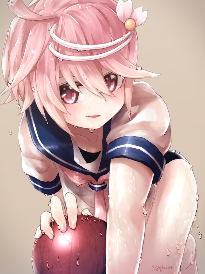 1girl ahoge blush gojarun hair_ornament highres i-58_(kantai_collection) kantai_collection open_mouth pink_hair school_swimsuit school_uniform serafuku short_hair smile swimsuit swimsuit_under_clothes torpedo wet wet_clothes