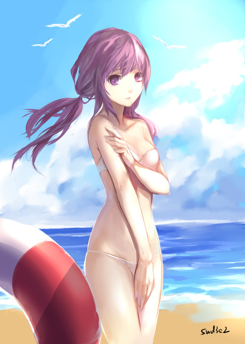1girl aisha_(elsword) artist_name beach bikini bird clouds covering covering_crotch elemental_master_(elsword) elsword highres innertube long_hair looking_at_viewer low_twintails ocean purple_hair seagull solo swd3e2 swimsuit twintails violet_eyes wind