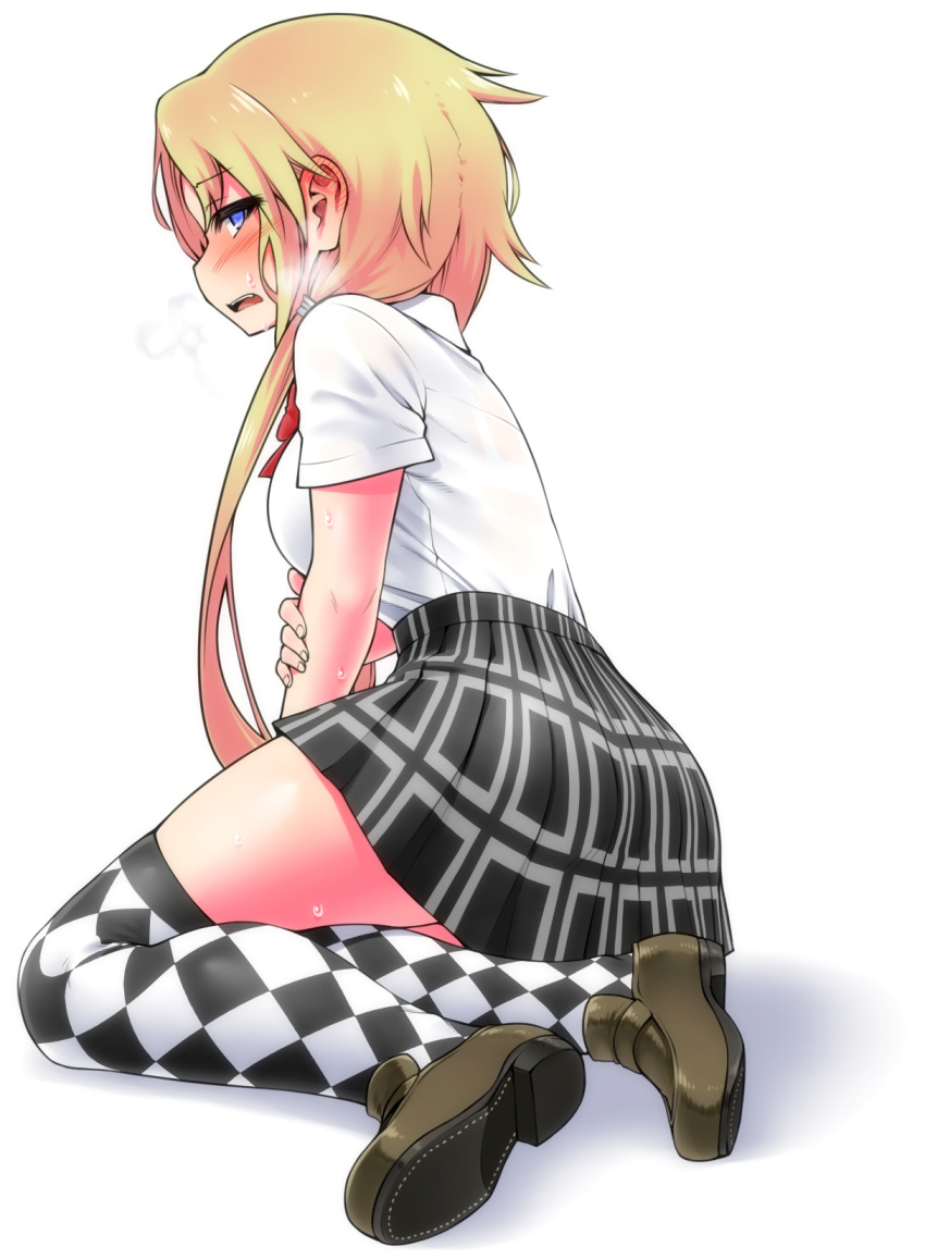 1girl blonde_hair blue_eyes blush chankodining_waka checkered checkered_legwear ear_blush highres loafers long_hair looking_at_viewer open_mouth original shoes short_sleeves simple_background skirt solo sweat thigh-highs uniform white_background zettai_ryouiki