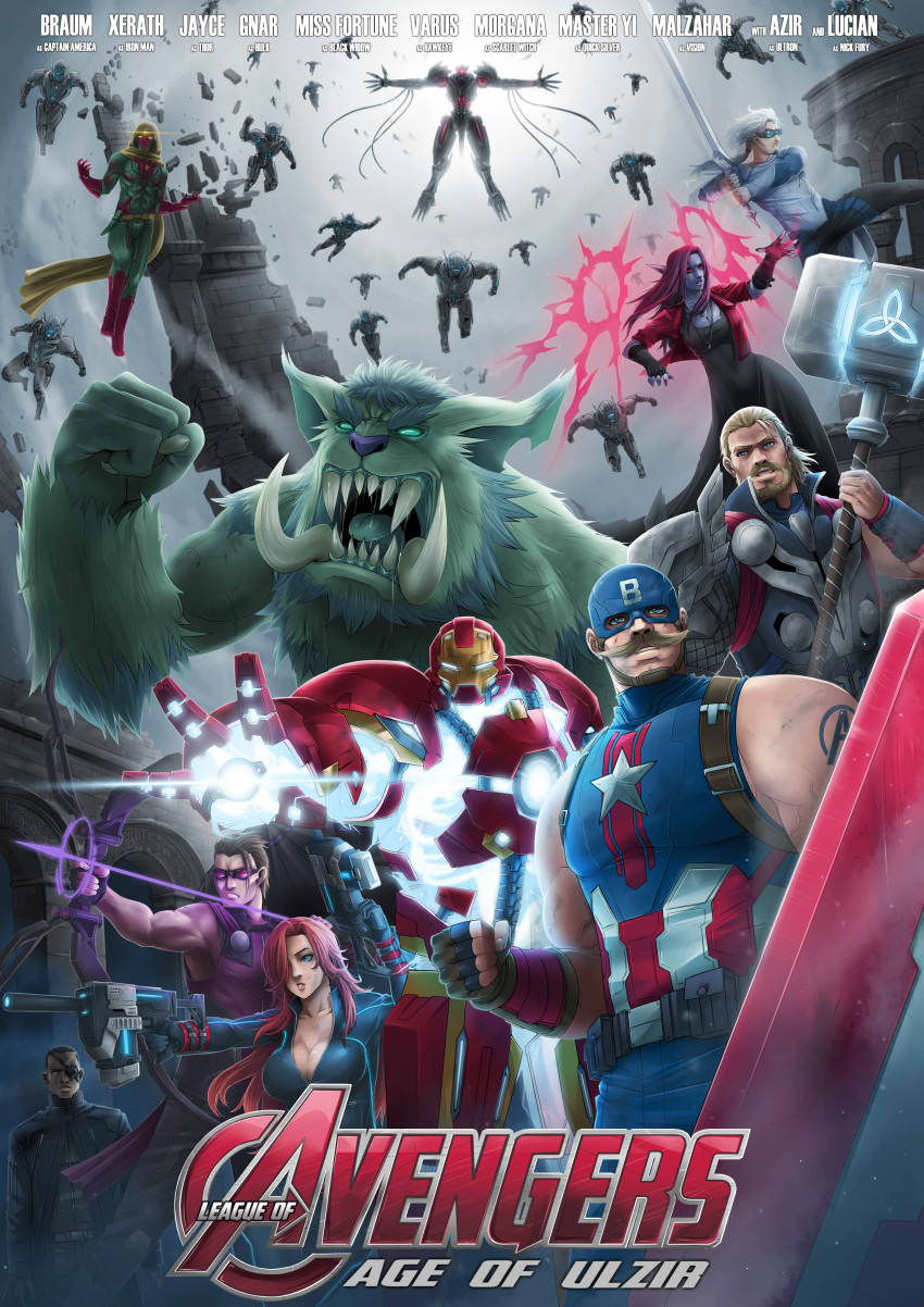 2girls 6+boys absurdres arrow avengers avengers:_age_of_ultron azir battle black_widow black_widow_(cosplay) blue_eyes blue_skin bow_(weapon) braum_(league_of_legends) breasts captain_america captain_america_(cosplay) catsuit character_name cleavage colored cosplay dark_skin dual_wielding epic eyepatch facial_hair fighting_stance flying flying_kick fur gnar_(league_of_legends) goggles green_skin greyscale group_shot gun hair_over_one_eye hawkeye_(marvel) hawkeye_(marvel)_(cosplay) helmet highres hulk iron_man iron_man_(cosplay) jayce kicking kuma_x large_breasts league_of_legends lucian_(league_of_legends) malzahar marvel master_yi monochrome morgana movie_poster multiple_boys multiple_girls mustache nick_fury nick_fury_(cosplay) parody power_armor purple_hair quicksilver quicksilver_(cosplay) red_eyes redhead robot sarah_fortune scarlet_witch scarlet_witch_(cosplay) shield spot_color submachine_gun superhero suppressor sword tagme tattoo thor_(marvel) thor_(marvel)_(cosplay) tusks ultron ultron_(cosplay) varus vision_(marvel) vision_(marvel)_(cosplay) weapon xerath