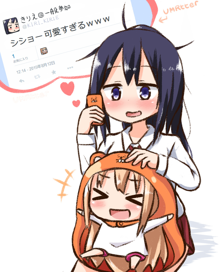 &gt;_&lt; 2girls :&lt; :d ahoge blush_stickers brown_hair cellphone closed_eyes doma_umaru hamster_costume hana_kazari hand_on_another's_head heart highres himouto!_umaru-chan long_hair messy_hair motoba_kirie multiple_girls open_mouth partially_translated phone purple_hair smile thought_bubble translation_request twitter very_long_hair violet_eyes xd