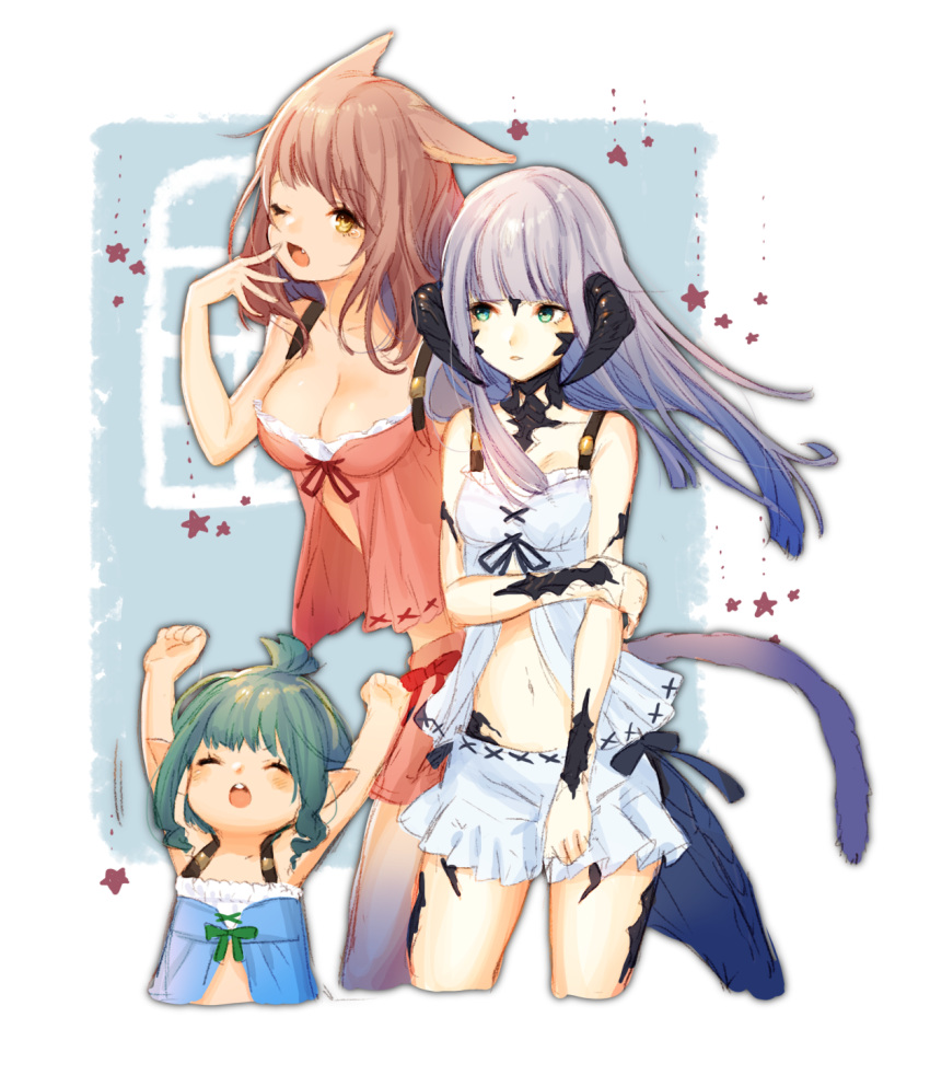 3girls 4th ;o animal_ears aqua_eyes arms_up au_ra babydoll breasts brown_hair cat_ears cat_tail cleavage collarbone dragon_girl dragon_horns dragon_tail fang final_fantasy final_fantasy_xiv green_hair highres horns lalafell long_hair miniskirt miqo'te multiple_girls navel one_eye_closed open_mouth pointy_ears red_ribbon ribbon short_hair silver_hair skirt tail tears white_skirt yawning yellow_eyes