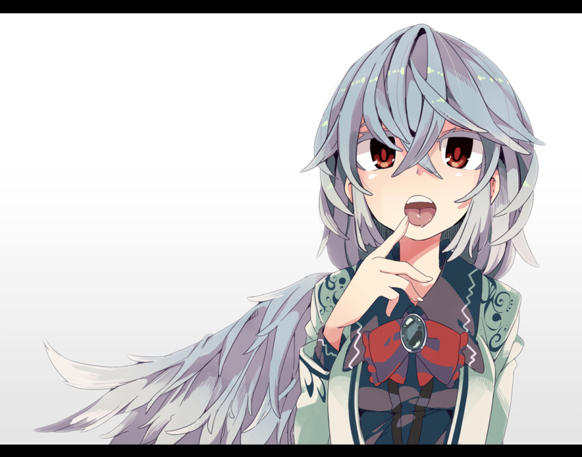 1girl brooch finger_to_mouth jewelry kishin_sagume legacy_of_lunatic_kingdom open_mouth red_eyes silver_hair single_wing solo tongue tongue_out touhou wings yoshinaga_p