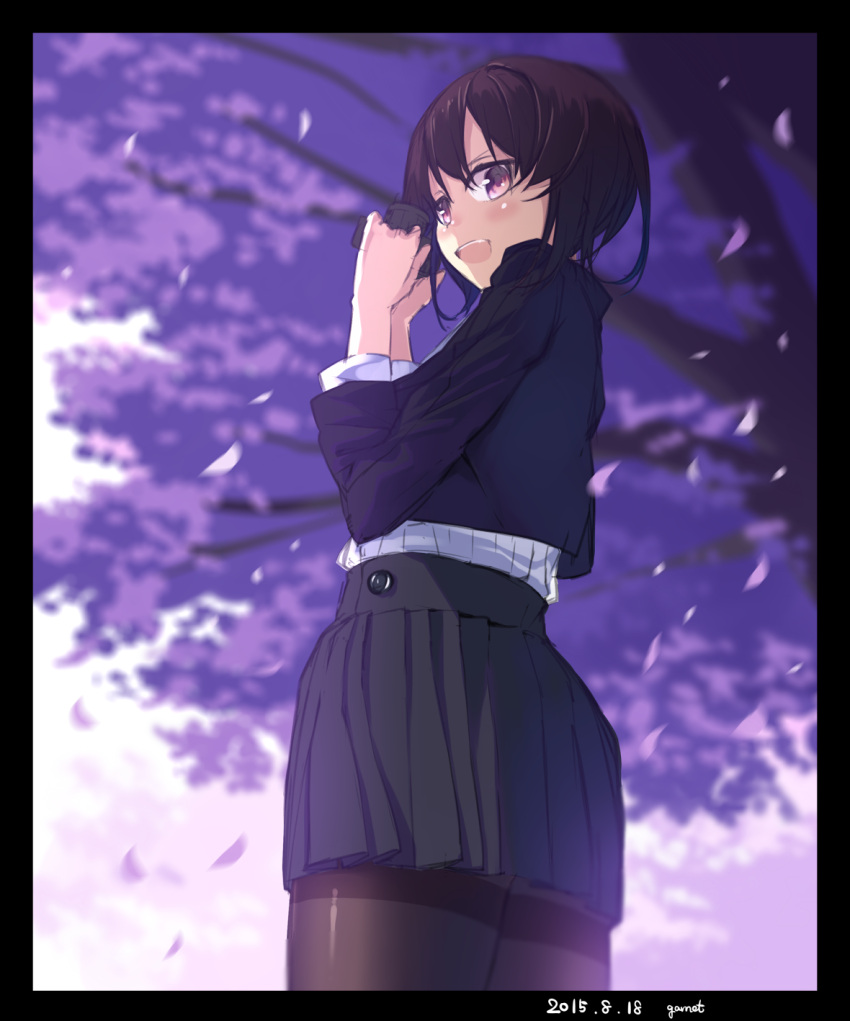 1girl artist_name black_legwear blush brown_hair cherry_blossoms dated garnet highres letterboxed looking_at_viewer looking_back open_mouth original pantyhose petals pleated_skirt red_eyes school_uniform sketch skirt solo tree