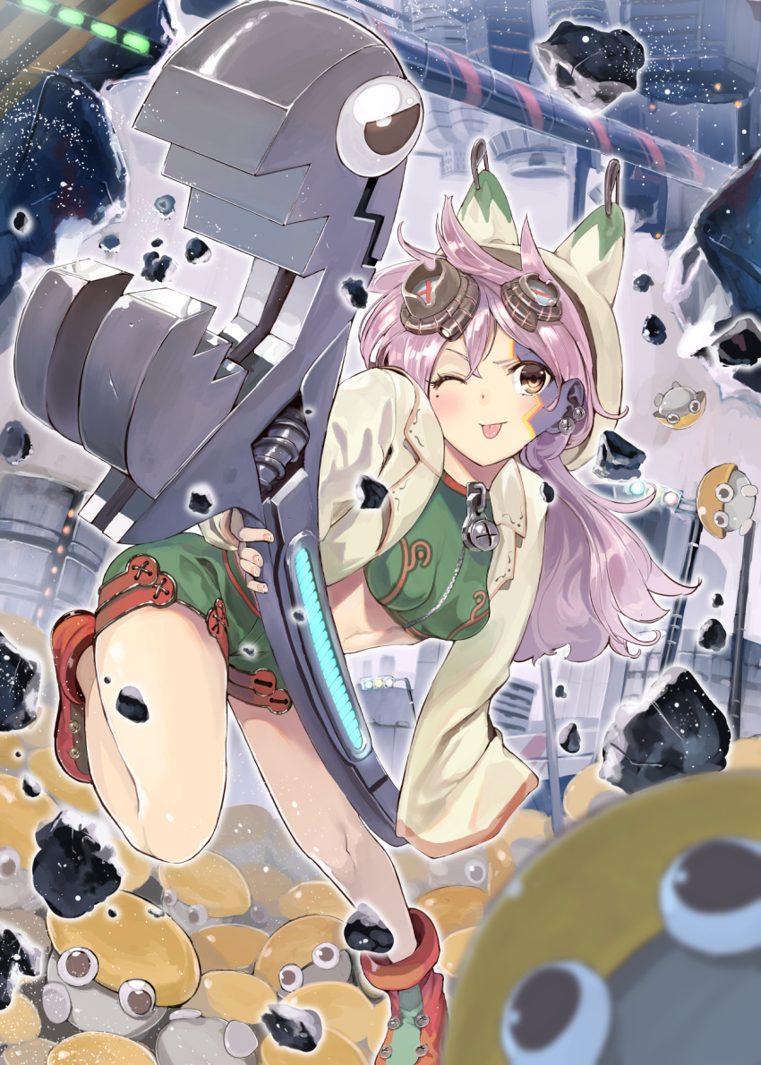 1girl :p animal_ears boots brown_eyes cat_ears earrings foreshortening goggles goggles_on_head goiro_(doukutsuwa) highres hoodie jewelry legs long_hair long_sleeves navel one_eye_closed purple_hair shorts smile solo tongue tongue_out wrench