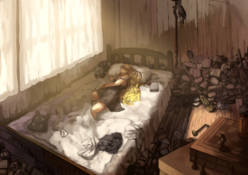 1girl bed berabou blonde_hair book broom chess_piece chessboard highres kirisame_marisa long_hair lying messy_room nightgown on_bed on_side pillow shirt_removed skirt skirt_removed solo strap_slip touhou very_long_hair window