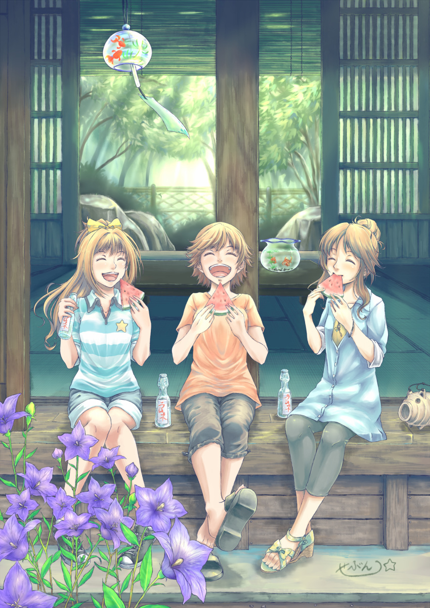 3girls architecture bow brown_hair capri_pants closed_eyes east_asian_architecture eating fence fish fishbowl flower food fruit goldfish hair_bow hair_bun high_ponytail highres hino_akane_(idolmaster) honda_mio idolmaster idolmaster_cinderella_girls long_hair multiple_girls pants ramune sandals seven_star shirt shoes short_hair shorts sitting smile star striped striped_shirt table takamori_aiko tatami tree watermelon wind_chime