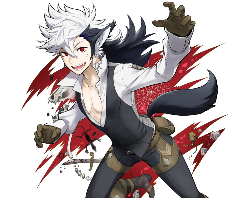 1boy animal_ears black_hair boots fire_emblem fire_emblem_if flannel_(fire_emblem_if) gloves long_hair low_ponytail mikami multicolored_hair open_mouth red_eyes scar simple_background solo tail two-tone_hair white_background white_hair wolf_ears wolf_tail