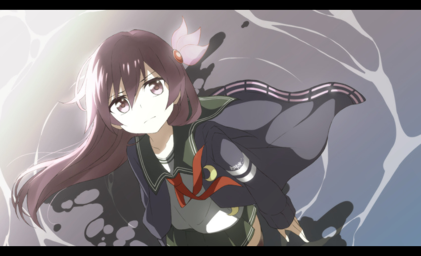 1girl bangs brown_hair clothes_writing collarbone crescent floating_hair from_above frown green_skirt hair_between_eyes hair_ornament jacket kantai_collection kisaragi_(kantai_collection) letterboxed long_hair long_sleeves looking_up miniskirt open_clothes open_jacket pleated_skirt remodel_(kantai_collection) revision school_uniform serafuku skirt solo souji standing standing_on_water violet_eyes water