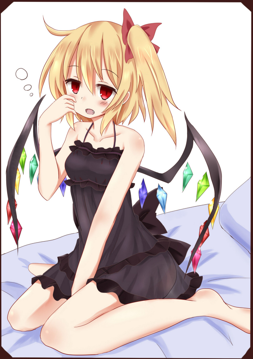1girl babydoll bare_arms bare_legs bare_shoulders barefoot blonde_hair blush collarbone fang flandre_scarlet frame hachimi highres looking_at_viewer no_panties on_bed open_mouth red_eyes see-through side_ponytail sitting solo touhou waking_up wariza wings