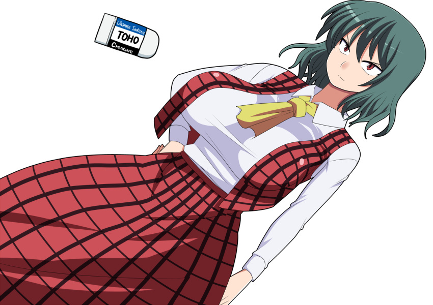 1girl amazon_(taitaitaira) ascot breasts collared_shirt english eraser frown green_hair hand_on_hip kazami_yuuka large_breasts long_skirt long_sleeves open_clothes open_vest perspective plaid plaid_skirt plaid_vest red_eyes shirt short_hair simple_background skirt solo taut_clothes taut_shirt touhou vest white_background white_shirt