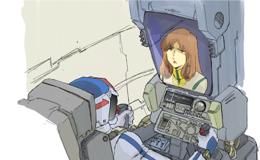 70s 80s buttons cable choujikuu_yousai_macross cockpit control_stick gloves hayase_misa helmet ichijou_hikaru macross mecha military military_uniform oldschool pilot pilot_suit redesign science_fiction screen sketch spacesuit switch u.n._spacy uniform vf-1