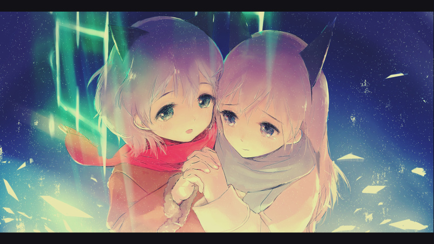 2girls alternate_costume animal_ears blonde_hair blue_eyes blush coat eila_ilmatar_juutilainen eye_contact green_eyes highres hirschgeweih_antennas holding_hands letterboxed light_particles long_hair looking_at_another multiple_girls open_mouth sanya_v_litvyak scarf short_hair silver_hair smile soe strike_witches tears upper_body wallpaper winter_clothes winter_coat