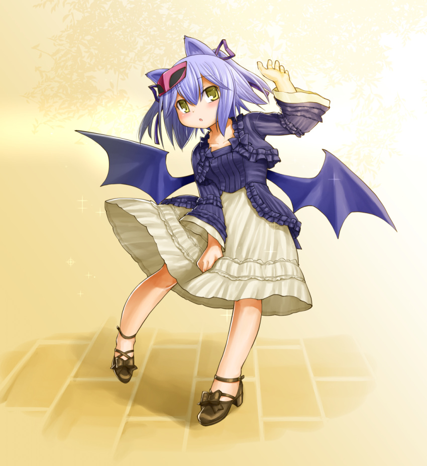 1girl animal_ears blue_hair blush cat_ears character_request demon_wings frills full_body hair_ribbon highres kasuga_yukihito long_skirt low_wings mask_on_head mini_wings ribbon shoes short_hair skirt skirt_tug solo two_side_up wings yellow_eyes