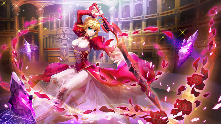 1girl blonde_hair chess_piece dress fate/extra fate_(series) greaves green_eyes magic_circle maolimao petals red_dress saber_extra see-through solo