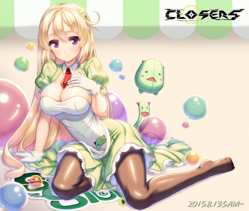 1girl arm_support between_breasts blonde_hair breasts bubble cleavage closers copyright_name detached_collar ecell gloves hairband hand_on_own_chest large_breasts long_hair looking_at_viewer lying maid mascot necktie necktie_between_breasts on_side pantyhose pointy_ears sabori saboten_store skirt smile violet_eyes white_gloves