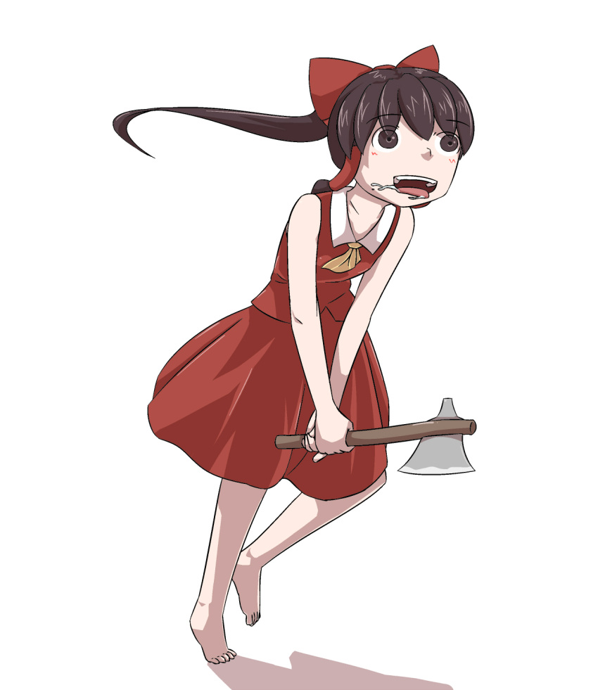 axe barefoot bion blank_stare blush brown_eyes brown_hair drooling feet hair_tubes hakurei_reimu highres insane neckerchief open_mouth saliva shadow simple_background touhou two-handed weapon white_background