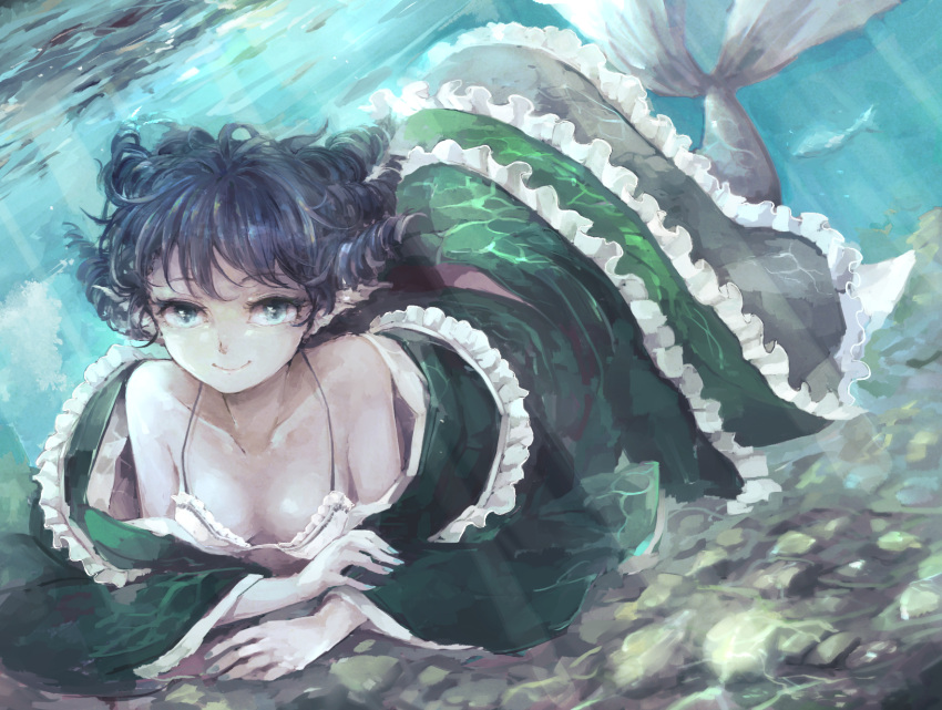 1girl aqua_eyes bikini_top blue_hair breasts cleavage collarbone commentary_request curly_hair dress fish frills head_fins highres japanese_clothes kimono long_sleeves looking_at_viewer mermaid monster_girl nail_polish smile solo touhou underwater wakasagihime wataichi_meko