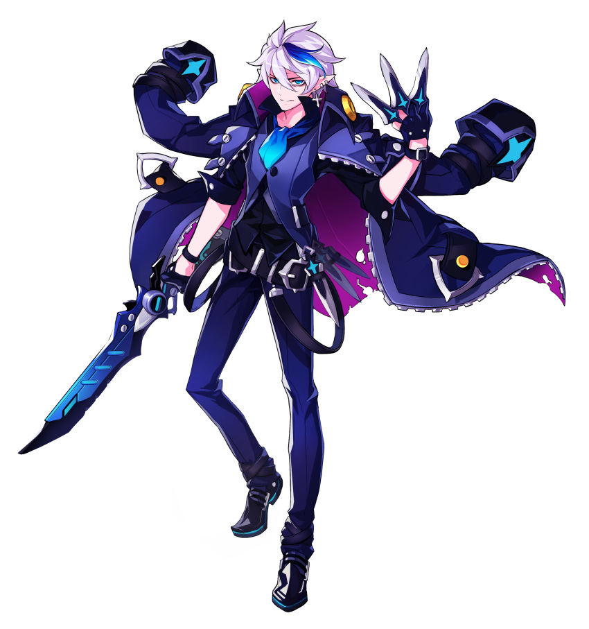 1boy absurdres belt black_gloves black_shoes blue_eyes blue_hair ciel_(elsword) cravat dreadlord_(elsword) earrings elsword fingerless_gloves gloves highres hwansang jacket_on_shoulders jewelry male_focus multicolored_hair official_art pants pointy_ears shoes solo standing streaked_hair two-tone_hair vest white_hair