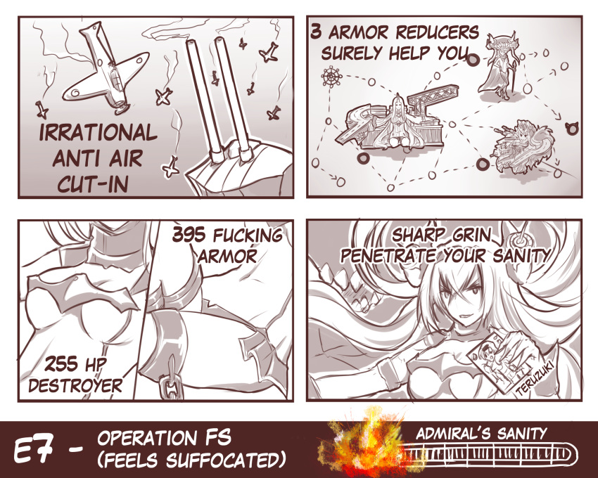 airplane anti-air_hime comic edowin english gameplay_mechanics gauge hat highres isolated_island_oni kantai_collection seaport_hime sharp_teeth sunglasses teruzuki_(kantai_collection) wo-class_aircraft_carrier