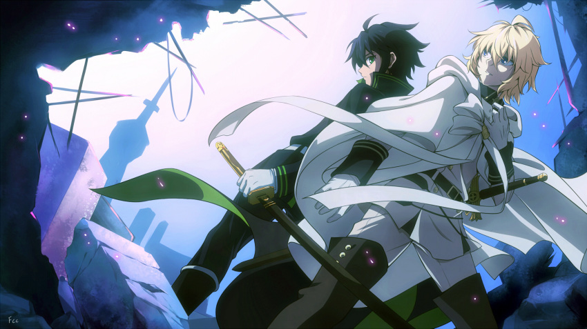 2boys back-to-back blonde_hair blue_eyes blue_hair boots cape fcc gloves green_eyes highres hyakuya_michaela hyakuya_yuuichirou multiple_boys owari_no_seraph short_hair sword uniform weapon