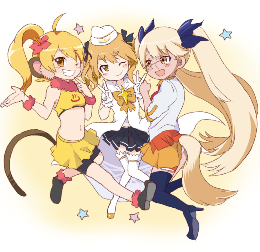 3girls :d ahoge animal_ears bike_shorts blonde_hair boots bow coat color_connection crop_top double_v etotama flower glasses grin hair_flower hair_ornament hair_ribbon happy hat high_heels highres hikaru_(houkago_no_pleiades) houkago_no_pleiades kii-tan long_hair midriff monkey_ears monkey_tail multiple_girls navel open_mouth ponytail quriltai retoree ribbon season_connection shorts_under_skirt show_by_rock!! skirt smile star tail thigh-highs thigh_boots twintails v very_long_hair white_legwear wink yellow_eyes