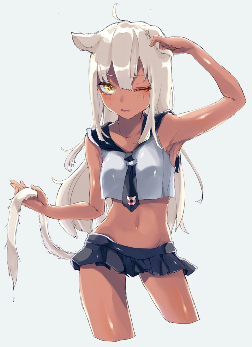 1girl absurdres animal_ears cat_ears cat_tail dark_skin fangs highres long_hair looking_at_viewer midriff miniskirt one_eye_closed open_mouth original pleated_skirt school_uniform scratching serafuku skirt sleeveless solo tail tail_hold uni_(melm) white_hair yellow_eyes