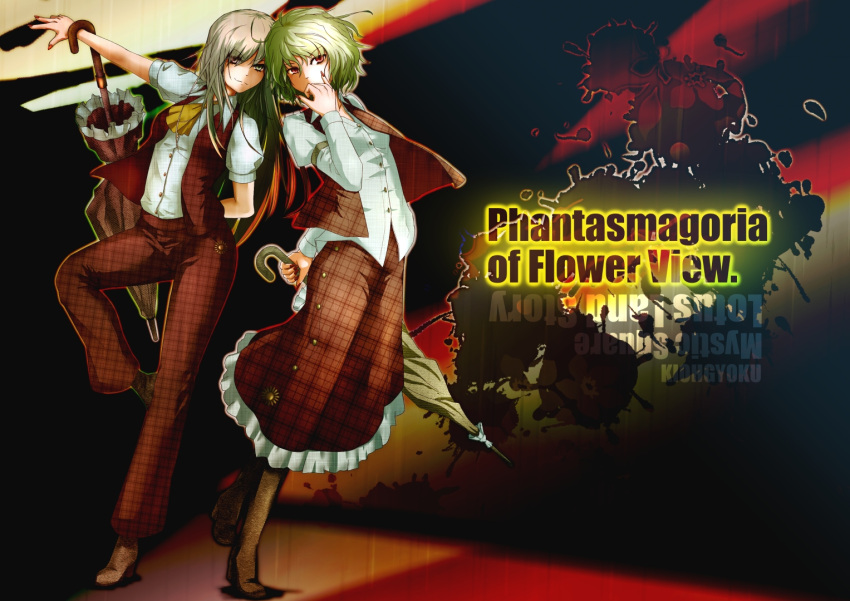 2girls arm_behind_back armband ascot blood blood_splatter boots brown_boots closed_umbrella copyright_name covering_mouth dual_persona eyes_visible_through_hair flower_ornament frilled_skirt frills green_eyes green_hair hips kazami_yuuka kazami_yuuka_(pc-98) knee_boots leaning_back leaning_in leg_up long_hair long_skirt long_sleeves multiple_girls muted_color nail_polish open_clothes open_hand open_vest outstretched_arm pants plaid plaid_pants plaid_skirt plaid_vest puffy_long_sleeves puffy_short_sleeves puffy_sleeves red_eyes red_nails shirt short_hair short_sleeves skirt standing_on_one_leg touhou touhou_(pc-98) umbrella untucked_shirt very_long_hair vest wakashinoda_kei whispering