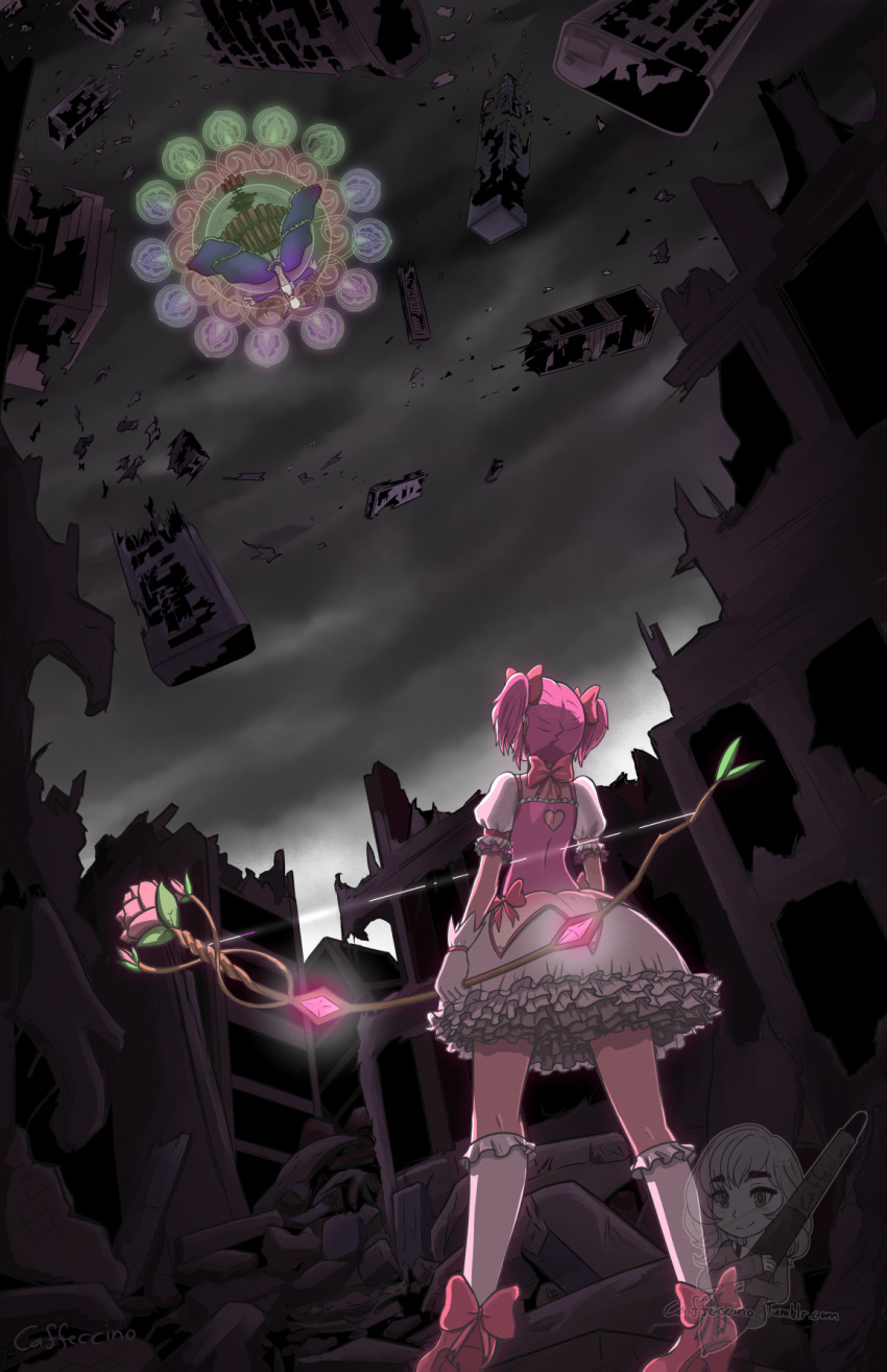 1girl artist_name bow bow_(weapon) caffeccino commentary_request debris dress from_behind from_below gears gloves hair_bow high_heels highres kaname_madoka kneehighs long_image looking_up magical_girl mahou_shoujo_madoka_magica pink_hair short_twintails spoilers standing tall_image twintails walpurgisnacht_(madoka_magica) watermark weapon witch_(madoka_magica)