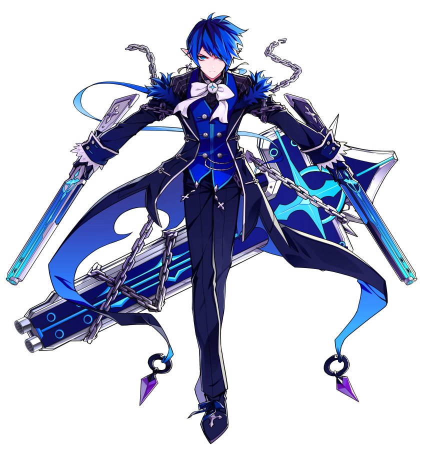 1boy absurdres aiguillette artist_request black_gloves black_shoes blue_eyes blue_hair bow brooch butler chain ciel_(elsword) dual_wielding elsword gloves gun highres jacket jewelry male_focus official_art outstretched_arms pants pointy_ears royal_guard_(elsword) serious shoes solo spread_arms weapon white_bow