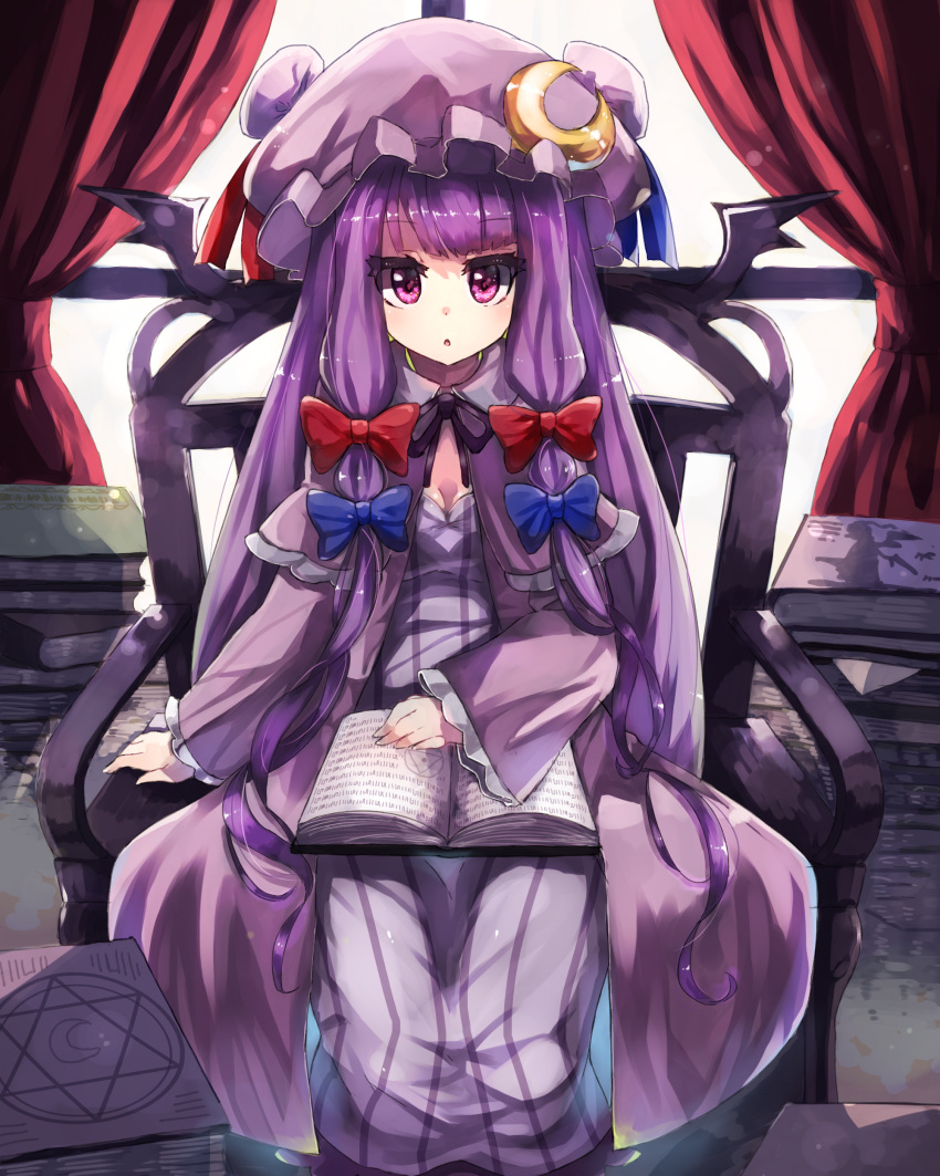 1girl :o absurdres armchair bei_mochi blush book bow breasts capelet chair cleavage crescent_hair_ornament curtains dress hair_bow hair_ornament hat hat_ribbon highres long_hair long_sleeves looking_at_viewer mob_cap neck_ribbon patchouli_knowledge purple_hair ribbon sitting sleeves_past_wrists solo striped striped_dress touhou vertical_stripes violet_eyes