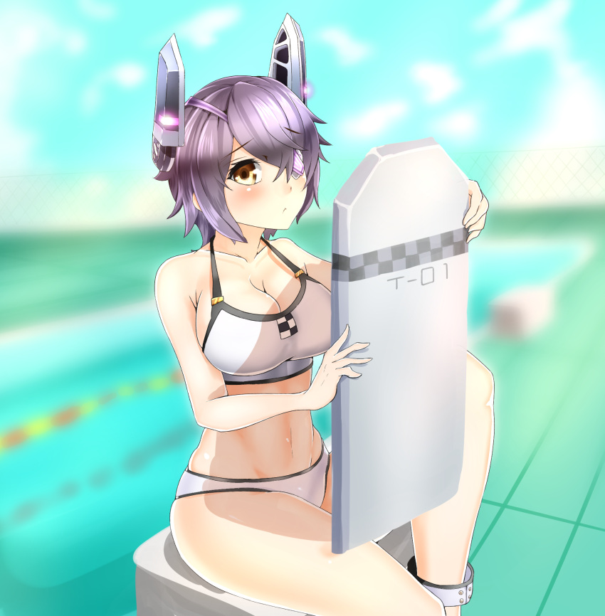 1girl :&lt; blurry boruhis breasts brown_eyes cleavage depth_of_field eyepatch headgear highres kantai_collection looking_at_viewer navel pool purple_hair short_hair sitting smile solo swim_briefs swimsuit tenryuu_(kantai_collection)