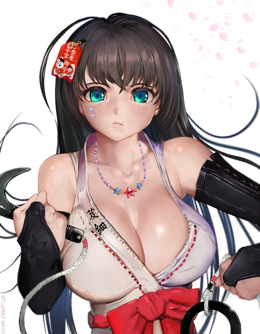 1girl aqua_eyes bow breasts bridal_gauntlets brown_hair china_dress chinese_clothes cleavage clenched_hands collarbone hair_ornament headphones highres huge_breasts japanese_clothes jewelry large_bow large_breasts lips long_hair looking_at_viewer miko necklace original petals randy_(awesomevillage) school_uniform serafuku serious shiny shiny_skin signature simple_background solo star tag upper_body white_background