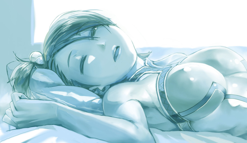 1girl bare_shoulders blue breasts futami_ami hair_beads idolmaster kousaku looking_at_viewer lying monochrome on_back on_bed one_eye_closed open_mouth parted_lips pillow sleeveless waking_up