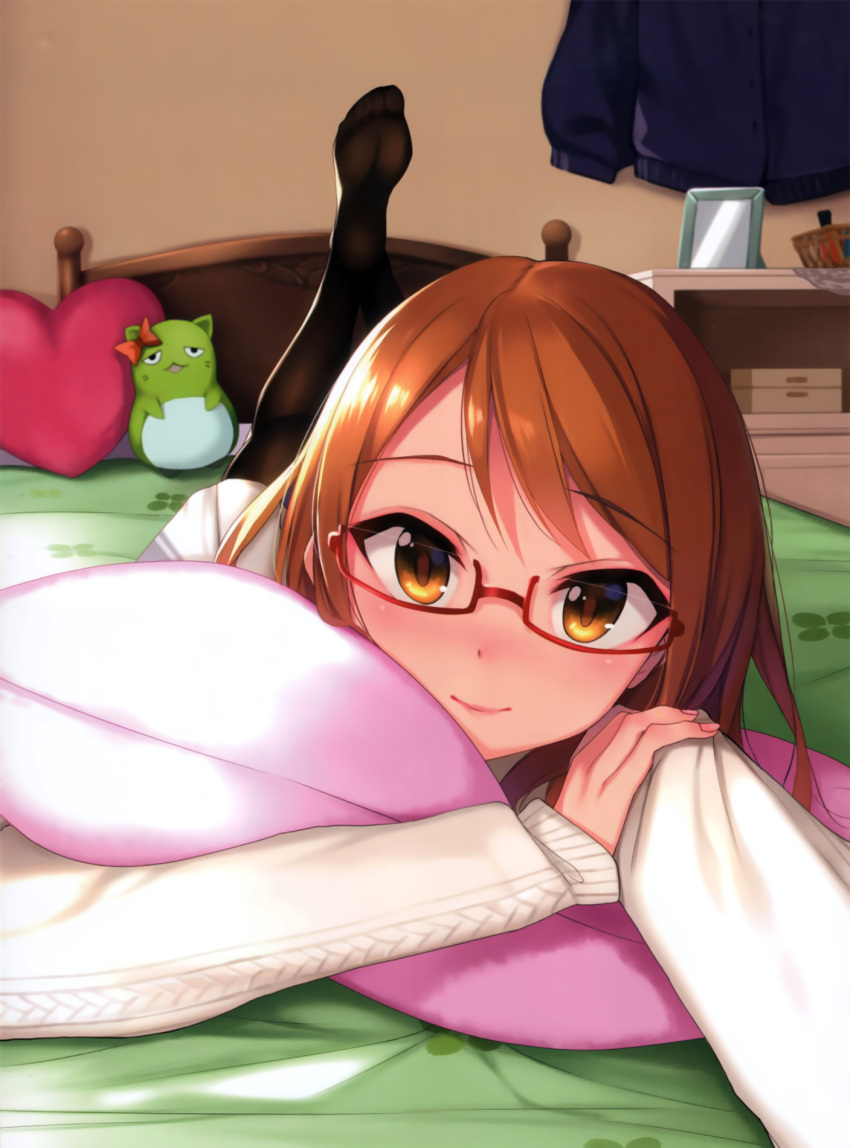 1girl black_legwear blush brown_eyes brown_hair glasses highres houjou_karen idolmaster idolmaster_cinderella_girls long_hair looking_at_viewer lying on_stomach pantyhose pillow pillow_hug red-framed_glasses scan semi-rimless_glasses skirt smile solo sweater under-rim_glasses yuki_usagi_(mofurafu)