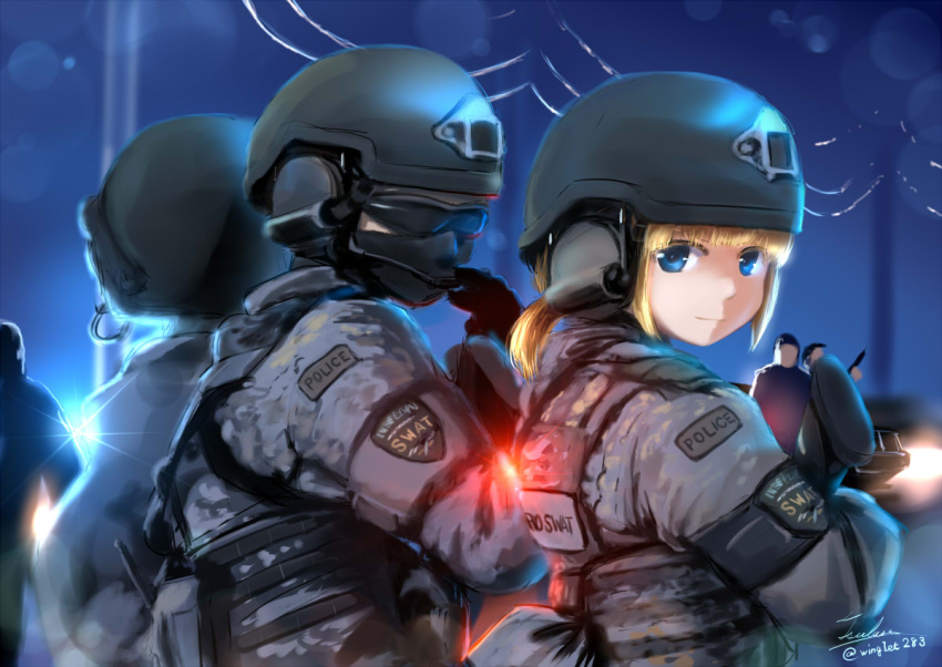 1girl armband artist_name assault_rifle blonde_hair blue_eyes bulletproof_vest camouflage chipika elbow_pads english face_mask from_side gloves gun holding jacket light_smile looking_at_viewer looking_back mask microphone night night_sky original police police_uniform policewoman rifle short_hair signature sky sunglasses swat twitter_username uniform weapon