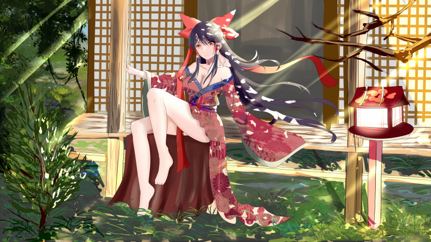1girl absurdres alternate_costume barefoot black_hair blue_sky bow breasts bush choker cleavage dappled_sunlight floral_print grass ground hair_bow hair_tubes hakurei_reimu highres japanese_clothes kimono leg_lift legs light_beam long_hair long_ribbon long_sleeves nature obi off_shoulder outdoors peaceful red_eyes rock sash sitting sky smile solo sunlight thighs touhou tree_branch very_long_hair vines wide_sleeves wind wooden_lantern yue_ling_yu