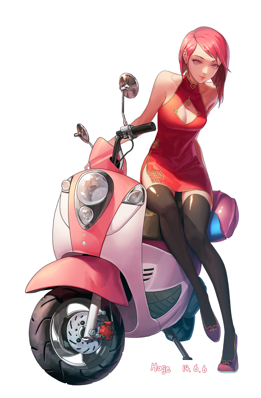 1girl absurdres artist_name bangs bare_shoulders black_legwear blue_eyes china_dress chinese_clothes cleavage_cutout dated dress full_body haje highres lips looking_at_viewer motor_vehicle pink_hair red_dress scooter short_dress short_hair side_slit simple_background sitting sleeveless sleeveless_dress smile solo swept_bangs thigh-highs turtleneck vehicle white_background